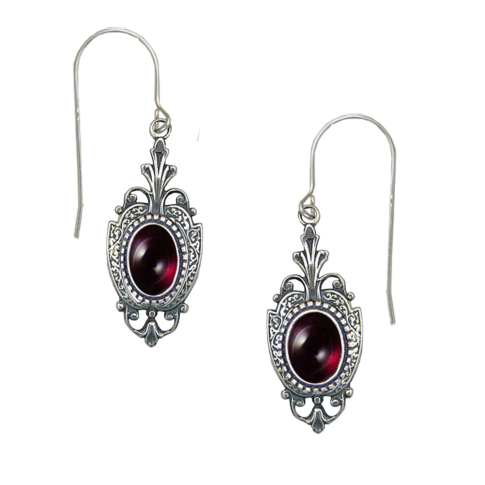 Sterling Silver Victorian Drop Dangle Earrings With Garnet